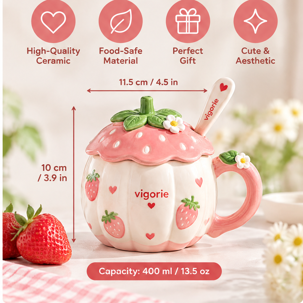 šVIGORIE⢠Cute Strawberry Ceramic Coffee Mug with Lid and Spoon Set