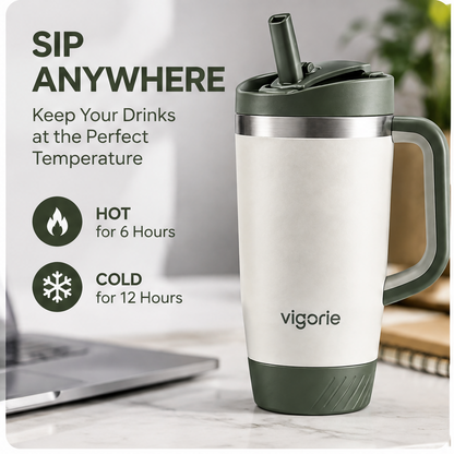 🤲VIGORIE™ Insulated Travel Mug with Handle & 2-in-1 Lid