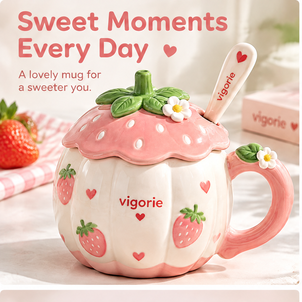 🎁VIGORIE™ Cute Strawberry Ceramic Coffee Mug with Lid and Spoon Set