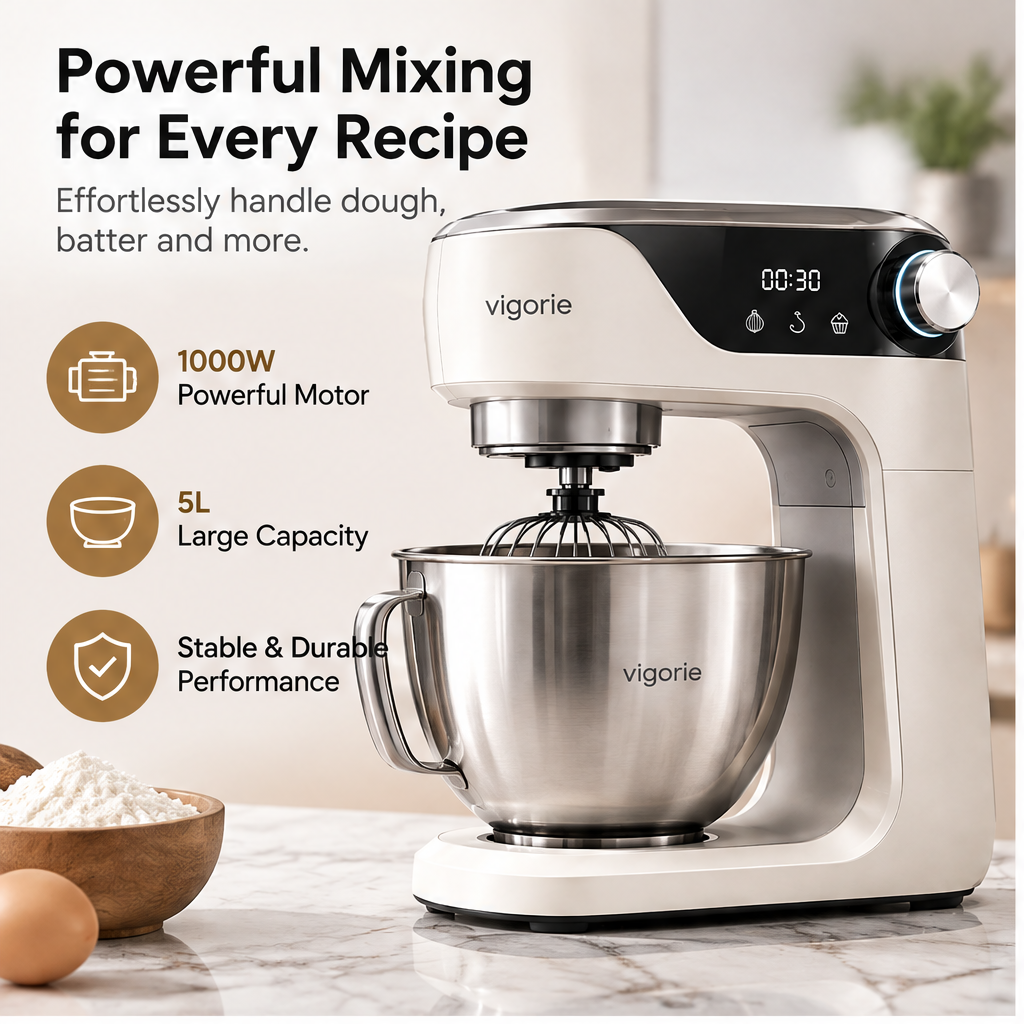 🛡️VIGORIE™ 1000W 5L Stand Mixer with 8-Speed Control