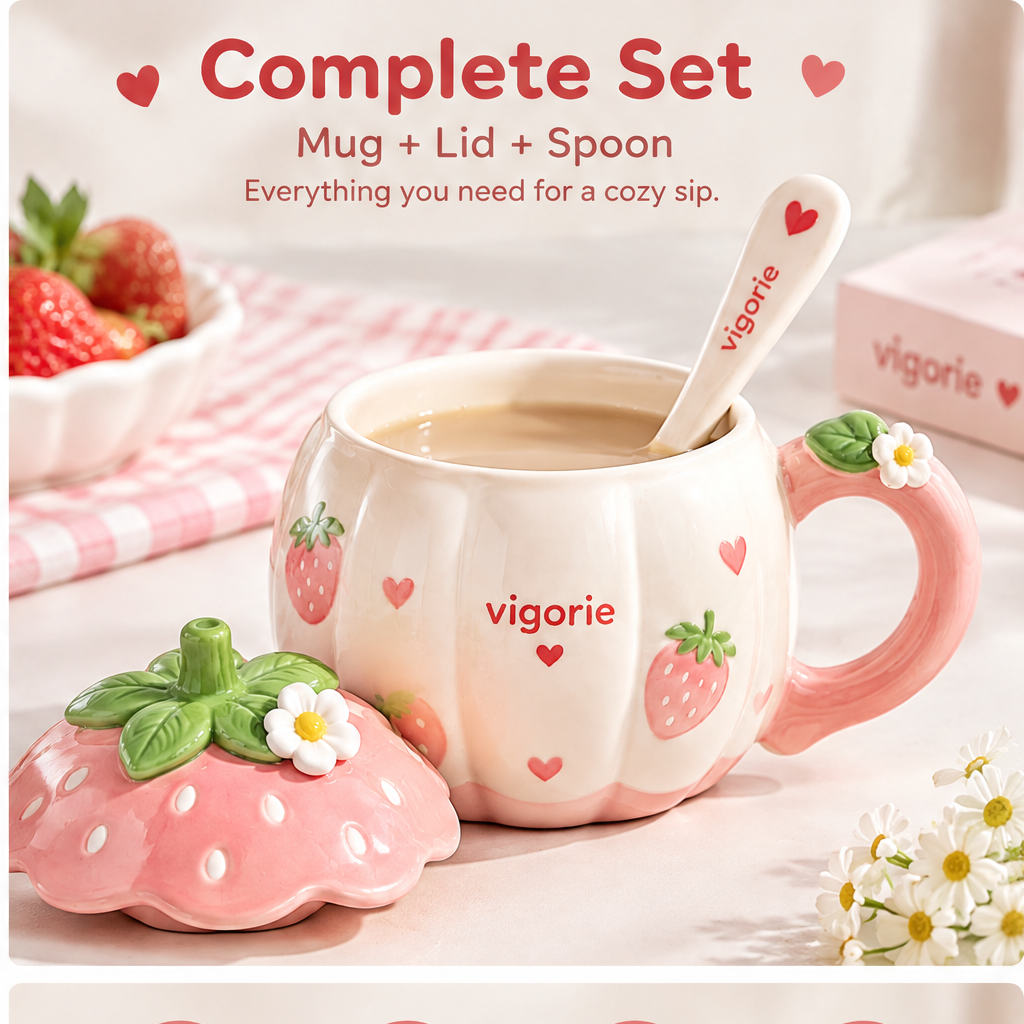 🎁VIGORIE™ Cute Strawberry Ceramic Coffee Mug with Lid and Spoon Set