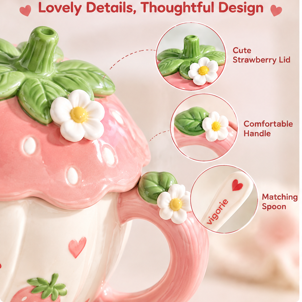 🎁VIGORIE™ Cute Strawberry Ceramic Coffee Mug with Lid and Spoon Set