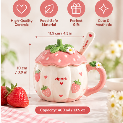 🎁VIGORIE™ Cute Strawberry Ceramic Coffee Mug with Lid and Spoon Set