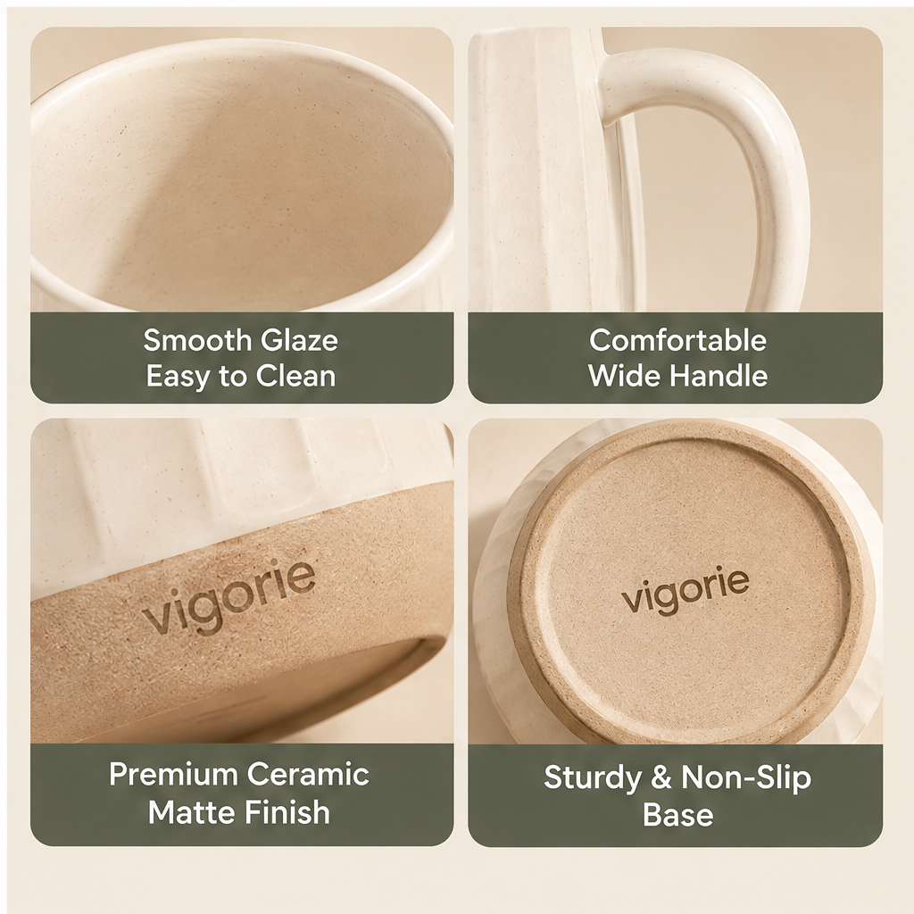 📚VIGORIE™ 16 oz Fluted Ceramic Coffee Mug with Textured Design