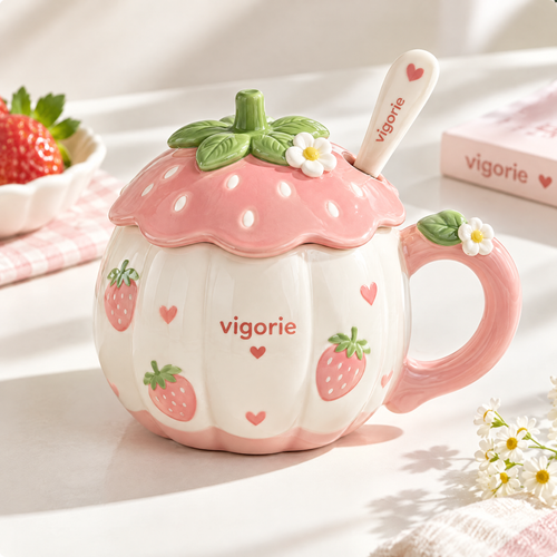 🎁VIGORIE™ Cute Strawberry Ceramic Coffee Mug with Lid and Spoon Set